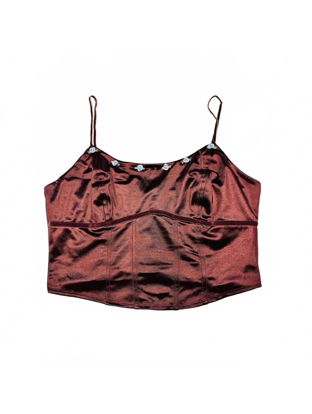 Satin Burgundy Camisole Top with Floral Embellishments